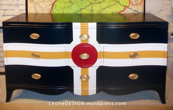 Bold and colorful dresser makeover from Leone Design - Parcheesi-inspired design with blue, white, and red