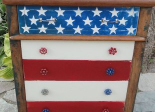 Americana dresser in red, white and blue with spigot handles as drawer pulls, from Freddy and Petunia blog