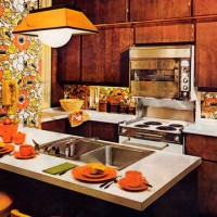 orange and brown 1960s kitchen with orange floral wallpaper