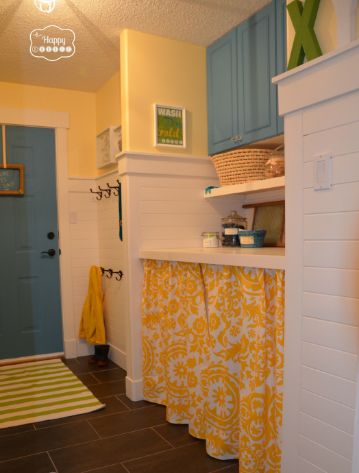 Laundry Mud Room Makeover in yellow and blue, from The Happy Housie blog