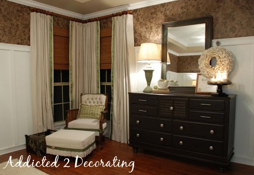 Master bedroom makeover with drop cloth curtains, board and batten walls, painted dresser