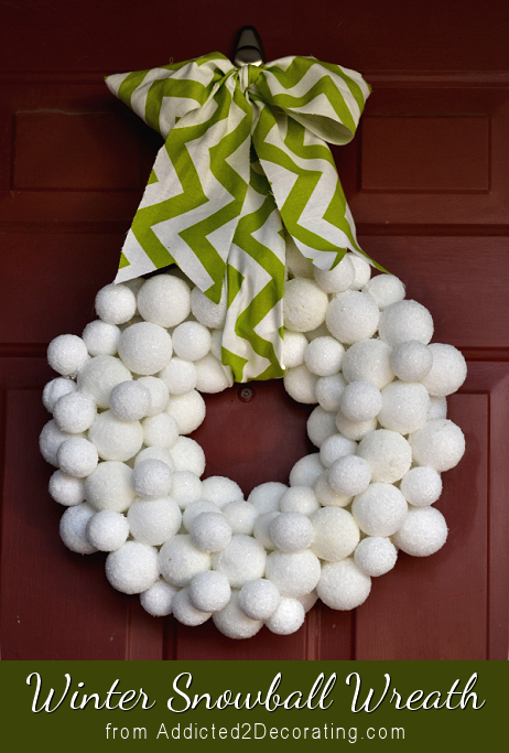 Winter snowball wreath made from Styrofoam balls covered in Epsom salt