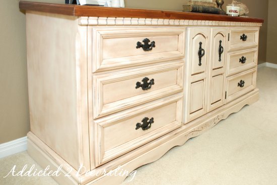 Master bedroom makeover--painted and antiqued dresser with stained top, how to paint furniture.
