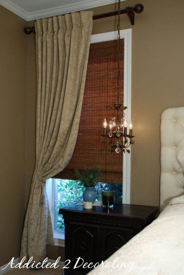 Master bedroom makeover--DIY lined drapery panel, natural woven shade, tiny chandelier