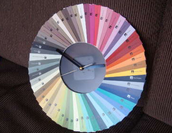 Colorful clock made from a fan deck of paint chip cards