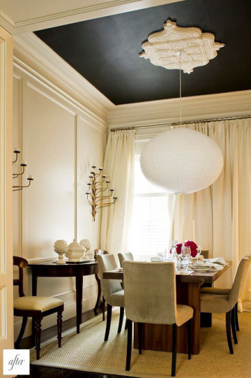 Neutral room with a black ceiling and ornate ceiling medallion