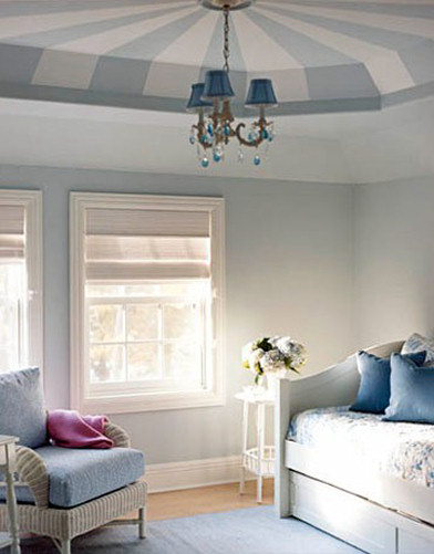 Tray ceiling painted white and blue with a tent effect