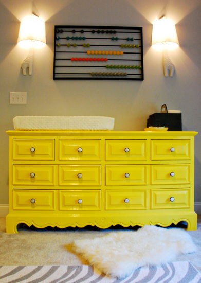 Repurposed dresser:  Dresser used as a baby changing table, from Honey & Fitz blog.