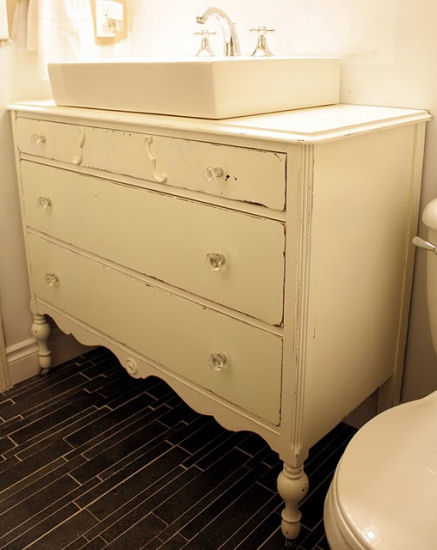 Repurposed dresser:  Antique dresser turned into a bathroom vanity, from Paint The Roses White blog