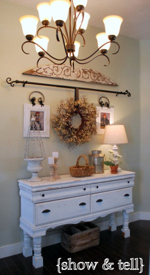 Dresser turned into an entryway table with tall legs, from Show & Tell blog