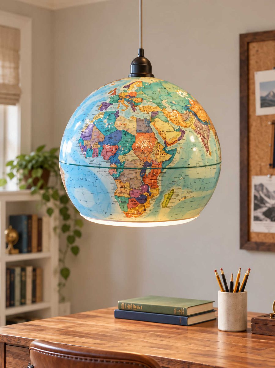 DIY pendant light made from an outdated world globe