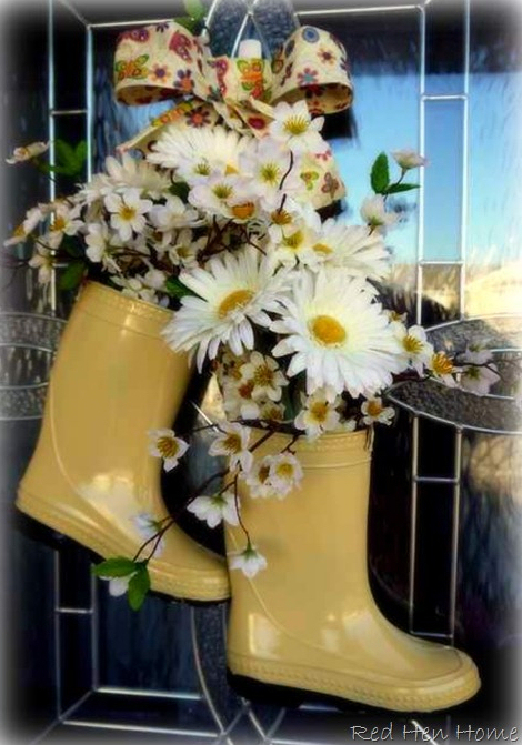 Front Door Decor - Rain boots filled with flowers
