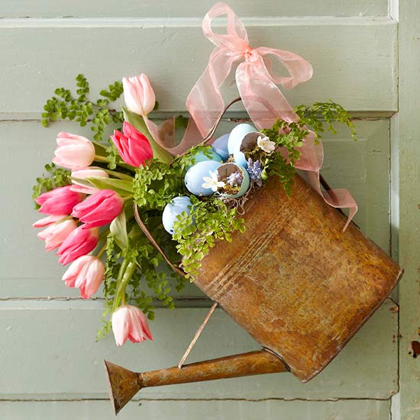 Spring Door Decorations - Watering can filled with flowers