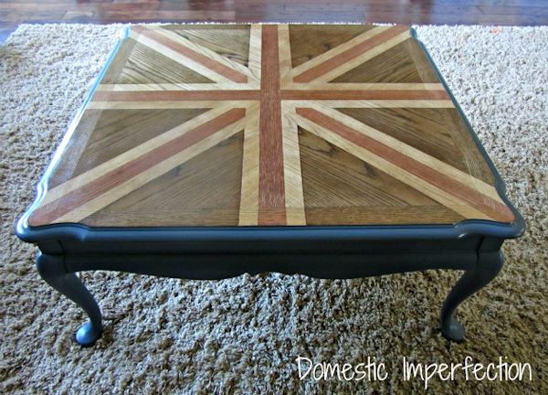 Coffee table makeover with stained Union Jack design on top from Domestic Imperfection