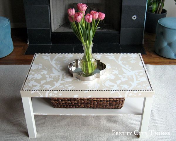 Ikea coffee table makeover with wallpaper and nailheads from Pretty City Things