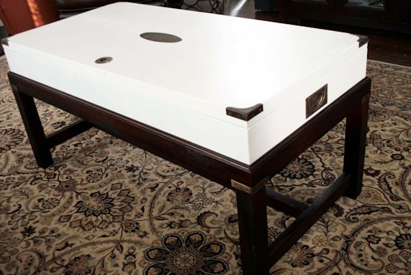 Coffee table makeover from Rachel Bishop Designs - after - stained base with white painted top