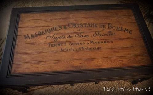 Coffee table makeover from Red Hen Home, black painted coffee table with stained top featuring a French typography design