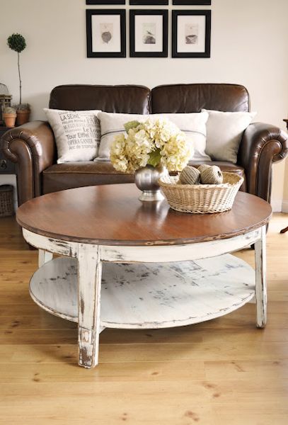 Coffee table makeover from The Painted Hive - stained top with white painted and distressed base