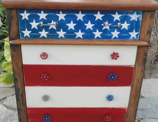 Americana dresser in red, white and blue with spigot handles as drawer pulls, from Freddy and Petunia blog