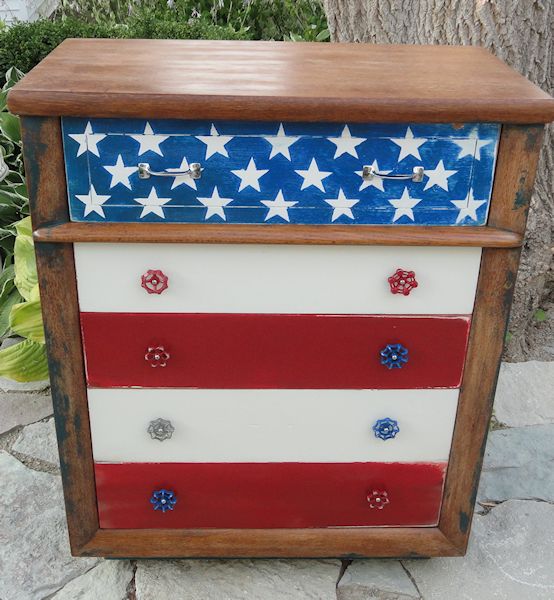Americana dresser in red, white and blue with spigot handles as drawer pulls, from Freddy and Petunia blog