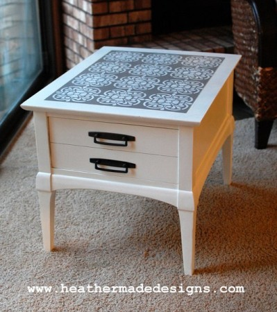 Update a thrift store side table with paint and a stenciled design