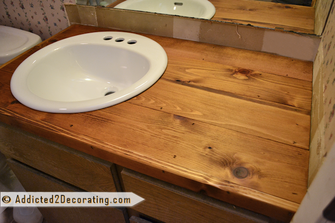 Wood countertop in bathroom made with cedar fence pickets
