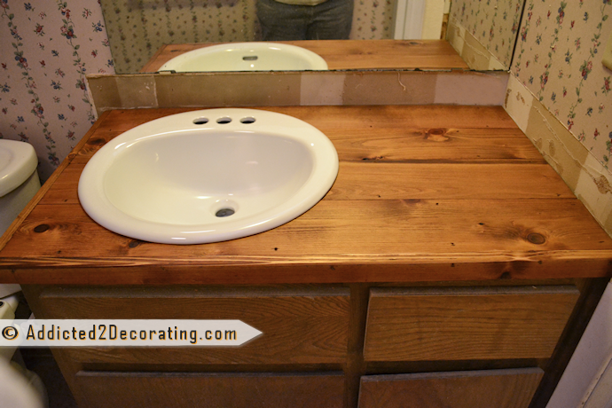 DIY wood bathroom countertop made from cedar fence boards