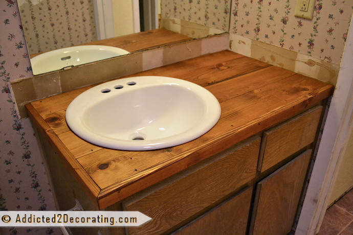 Bathroom Makeover Day 2 My 35 Diy Wood Countertop Addicted Decorating - Best Finish For Wood Bathroom Vanity Top
