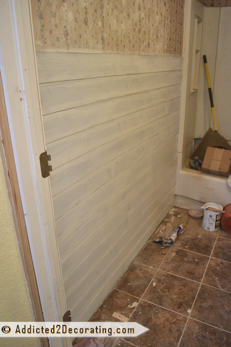 faux wood plank wall treatment using thin hard board, primed with oil-based primer