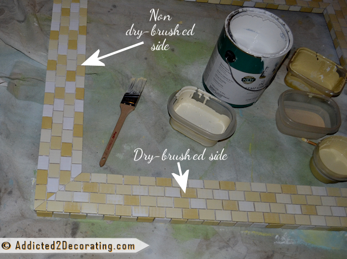 Dry brushing on wood tiles for mosaic tile frame