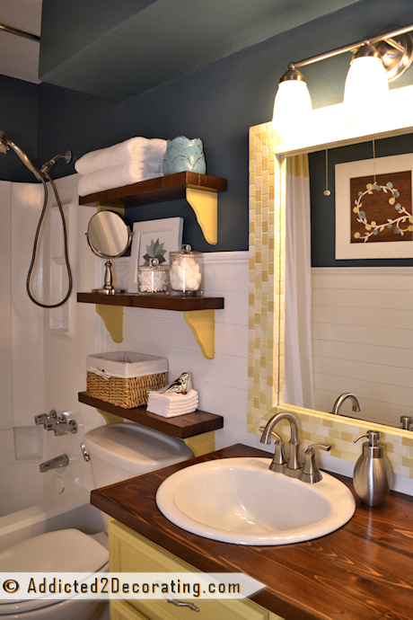 Small bathroom before and after - small bathroom ideas - shelves made from scrap wood