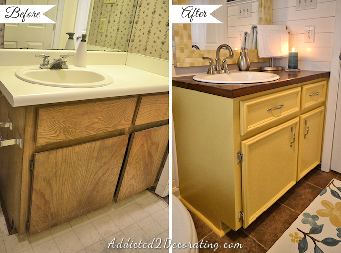 Small bathroom vanity makeover with DIY doors and drawer fronts and paint