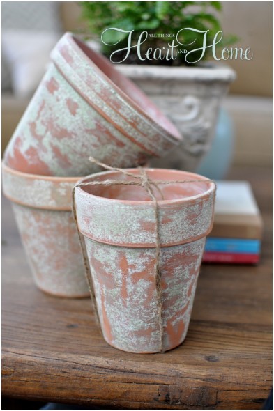 Outdoor project - give terra cotta pots an aged look, from All Things Heart And Home