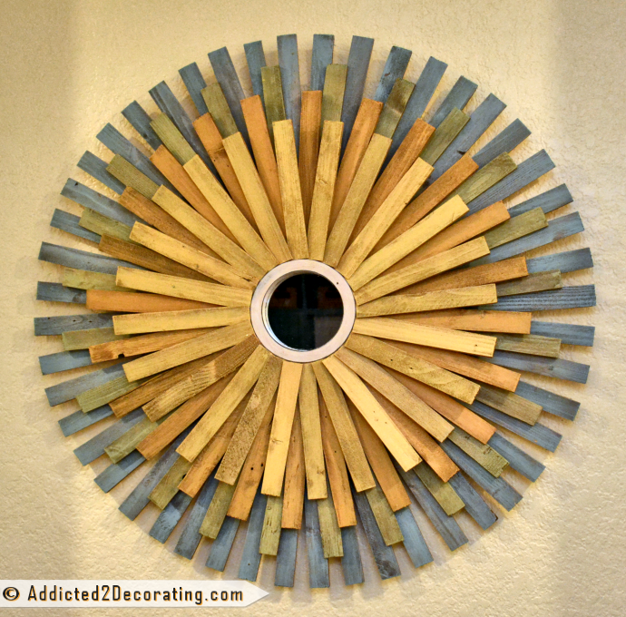 DIY Multi-Colored Wood Shim Sunburst Mirror from Addicted2Decorating.com