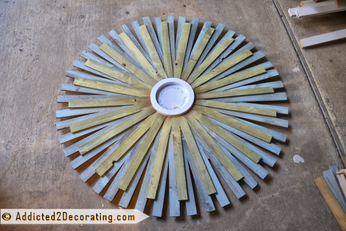 How to make a large multi-colored wood shim sunburst mirror - attach 24 of the second color