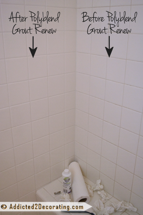 Bathroom makeover progress - shower grout brightened with Polyblend Grout Renew in bright white