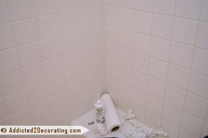 Bathroom makeover progress - grout restored with Polyblend Grout Renew in bright white