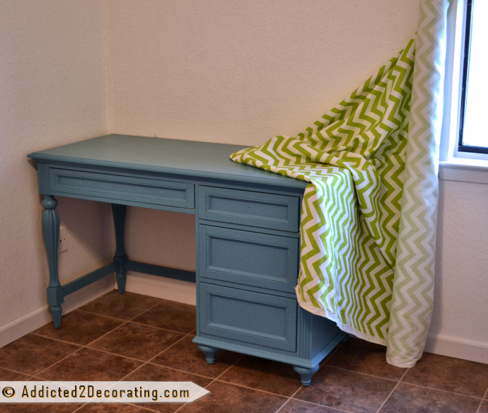 Turquoise desk, green and white chevron fabric for curtains