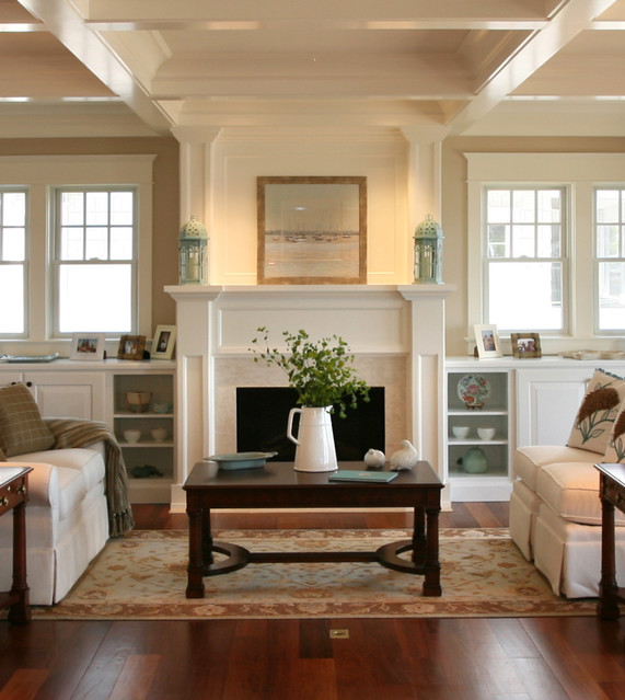 Wall with built-in bookcases under windows on either side of fireplace - from Asher Associates Architects, via Houzz