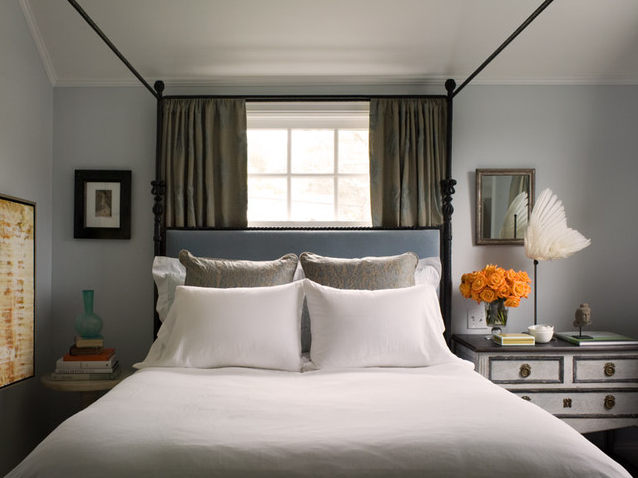 Headboard in front of window - photography by David Duncan Livingston, via Houzz