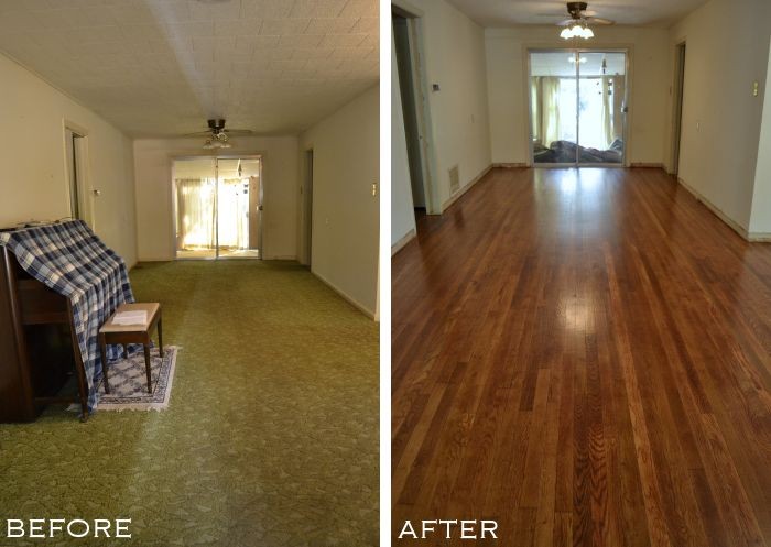 Entryway and dining room with old carpet removed and original hardwood floors refinished, from www.Addicted2Decorating.com
