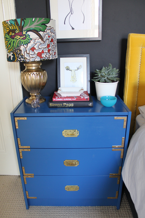 IKEA Rast hack from Swoonworthy - campaign furniture inspired in blue with brass hardware