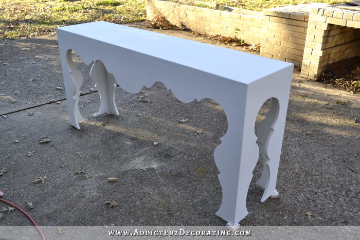 DIY Scalloped Console Table wtih two coats of oil-based Zinsser Cover Stain primer
