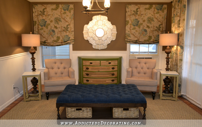 Living room makeover with diamond tufted ottoman and painted antique credenza