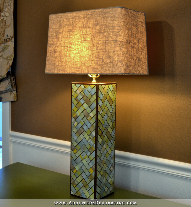 DIY Herringbone Table Lamp made with "tiles" of watercolor paper
