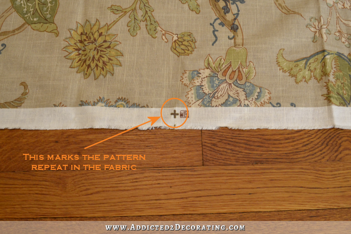 How to square fabric when sewing drapery panels - symbol on selvage of fabric indicates repeat in pattern