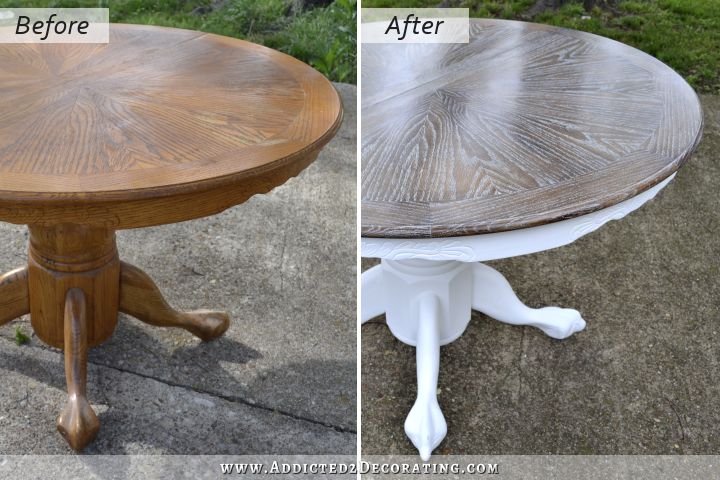 Dining table makeover -- cerused oak table top with painted white pedestal base