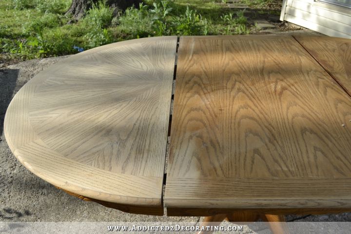 Oak table top stripped and sanded to prepare for refinishing