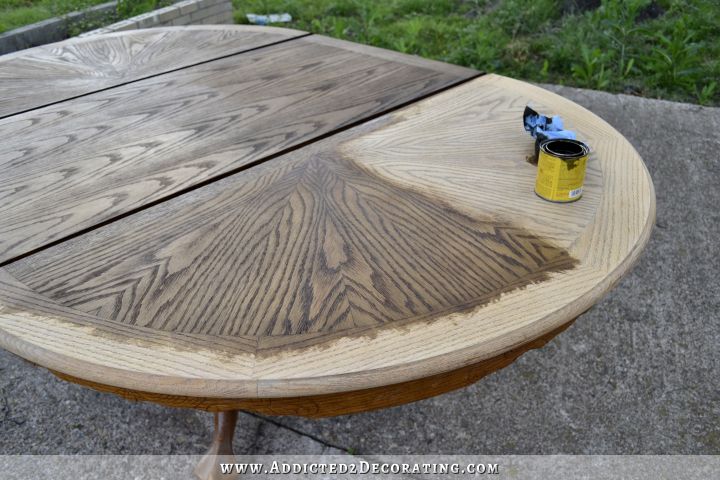 Refinishing the top of an old oak dining table with very pretty veneer design -- staining before cerusing