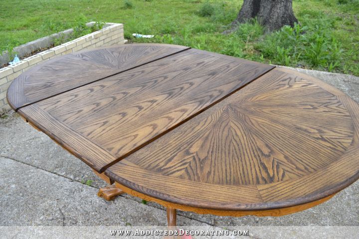 Oak dining table in process of being refinished -- after stain and before cerusing